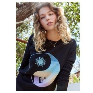 Spiritual Gangster Black Brooklyn Sweater Sun & Moon Intarsia Ying Yang Cashmere